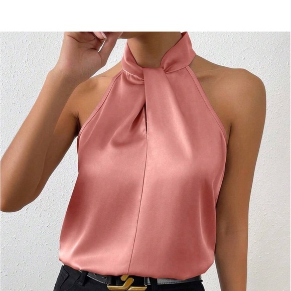 Luxe Satin Mock Neck Halter Sleeveless Top Blouse Shirt - Picture 8 of 12